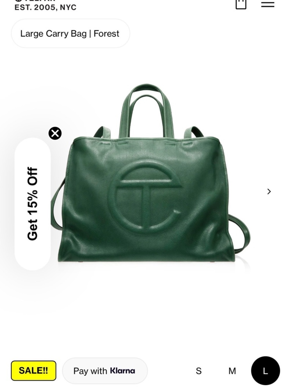 Brand new Telfar Large Carry Bag in Forest Green Leather